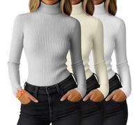 Ficerd 3 Pack Women's Ribbed Thermal Turtleneck Long Sleeve Tops | Slim Fitted Thermal Shirts, Base Layered Tops, Knit Stretchy Undershirts, Comfy Fall Winter Outfits, Daily Business Versatile
