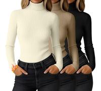 Ficerd 3 Pack Women's Ribbed Thermal Turtleneck Long Sleeve Tops | Slim Fitted Thermal Shirts, Base Layered Tops, Knit Stretchy Undershirts, Comfy Fall Winter Outfits, Daily Business Versatile