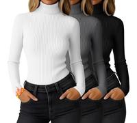 Ficerd 3 Pack Women's Ribbed Thermal Turtleneck Long Sleeve Tops | Slim Fitted Thermal Shirts, Base Layered Tops, Knit Stretchy Undershirts, Comfy Fall Winter Outfits, Daily Business Versatile