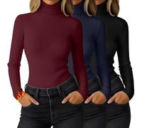 Ficerd 3 Pack Women's Ribbed Thermal Turtleneck Long Sleeve Tops | Slim Fitted Thermal Shirts, Base Layered Tops, Knit Stretchy Undershirts, Comfy Fall Winter Outfits, Daily Business Versatile