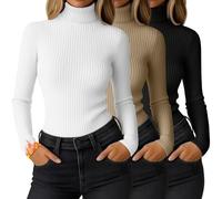Ficerd 3 Pack Women's Ribbed Thermal Turtleneck Long Sleeve Tops | Slim Fitted Thermal Shirts, Base Layered Tops, Knit Stretchy Undershirts, Comfy Fall Winter Outfits, Daily Business Versatile