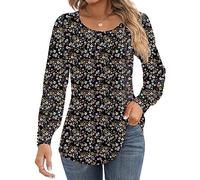 Ficerd Women's Puff Long Sleeve Tunic Tops Pleated Crew Neck Blouses Dressy Casual Loose Fit Fall and Winter Shirts(Medium,Black Flower)