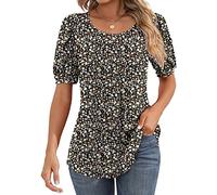 Ficerd Women's Puff Long Sleeve Tunic Tops Pleated Crew Neck Blouses Dressy Casual Loose Fit Fall and Winter Shirts, Floral Black, S