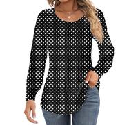 Ficerd Women's Puff Long Sleeve Tunic Tops Pleated Crew Neck Blouses Dressy Casual Loose Summer and Fall T-Shirts, Dot Black, XL