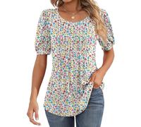 Ficerd Women's Puff Short Sleeve Tunic Tops Pleated Crew Neck Summer Blouses Dressy Casual Loose T Shirts, Red Yellow Blue, S