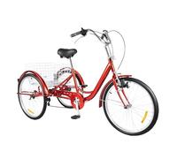 Fichiouy 24 Inch Adult Tricycle with Light - 6-Speed Adjustable, 264lbs Load Capacity, Adjustable Seat & Handlebars, Large Rear Basket - Tricycle for Shopping, Picnics & Outdoor Activities, Red