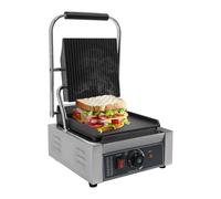 Fichiouy Commercial Sandwich Panini Press Grill, Double-Sided Heating with Grooved & Flat Plates, 1800W Electric Panini Press Grill with Removable Grease Tray & Adjustable Temperature