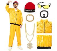 Ficlwigkis 90s Fancy Dress Costume for Men - Ali G Costume with 6Pcs 90s 80s Rapper Funny Shell Suit, Necklace, Glasses, Beard for Halloween & Stag Do (Yellow, XXL)