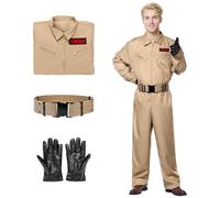 Ficlwigkis Beige Halloween Costume for Men - Movie-Themed Fancy Dress, Jumpsuit, Touchscreen Gloves, Belt for Groups 80s Family Dress (XL)