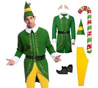 Ficlwigkis Buddy Elf Christmas Costume Men Women Green Pink Buddy The Elf Costume Elf Outfit with Ears Hat Elves for Christmas Costume Adult (Green, S)