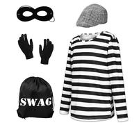 Ficlwigkis Burglar Costume Kids,Burglar World Book Day Costumes for Boys,Robber Costume with Long Sleeve Shirt,Beret, Black Eye Mask, Black Gloves,Drawstring Pocket (Black/White, M)