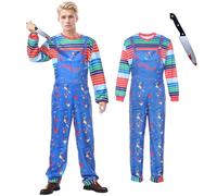 Ficlwigkis Chucky Costume Kids Adult Boys Girls Halloween Costumes for Kids Chucky Costume Dress and Top Bloody Knife for Halloween Party (Men, S)