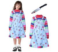 Ficlwigkis Chucky Costume Kids Adult Boys Girls Halloween Costumes for Kids Chucky Costume Dress and Top Bloody Knife for Halloween Party (Girls, 120)