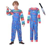 Ficlwigkis Chucky Costume Kids Adult Boys Girls Halloween Costumes for Kids Chucky Costume Dress and Top Bloody Knife for Halloween Party (Boys, 150)