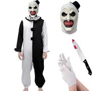 Ficlwigkis Terrifier Art the Clown Costume Adult,4 Pcs Scary Killer Costume Adult Clown Jumpsuit Outfits with Terrifier Mask Gloves Knife Props for Halloween