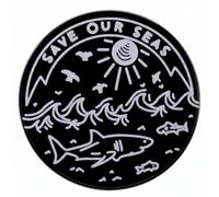 Ficsowy Save Our Seas Enamel Pin, Black White Round Shark Ocean Conservation Lapel Pin, Marine Life Badge for Backpacks Jackets Hats, Ocean Lover Collectible Gift
