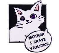 Ficsowy White Cat Enamel Pin, Mother I Crave Violence, Cute Meme Badge for Backpack, Hat, Clothes, Medium, Zinc, no gemstone