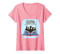 Fictional Characters are Better Than Real People Book Lover V-Neck T-Shirt, Women, Pink, S