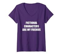 Fictional Characters are My Friends V-Neck T-Shirt, Women, Purple, S