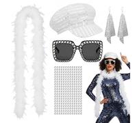 Fictoria 5Pcs Disco Costume Set for Women - 70s Disco Accessories with Sequin Hat Sunglasses Feather Boa, Abba Fancy Dress Kit for 1970s Theme Party Birthday Halloween