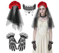 Fictoria Black Lace Veil Headband, Gothic Bridal Set with Choker Gloves | women halloween, day of the dead, gothic bridal accessories, lace mesh veil, gift for dark glamour ladies, hen