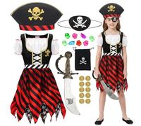 Fictoria Girls Pirate Costume Set - 6Pcs Pirate Fancy Dress with Hat Eye Patch Toy Cutlass Gold Coins Gem and Money Props, Cosplay Outfit Bag for Halloween World Book Day Carnival (S)