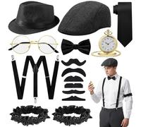 Fictoria Men's 1920s Gangster Costume Accessories Set, 15 Pcs Gatsby Fancy Dress Kit with Fedora Hat Bow Tie Suspenders, Pocket Watch Stick On Mustaches, Roaring 20s Party Outfit for Adults