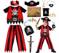Fictoria Pirate Costume for Kids, Pirate Fancy Dress Accessories Set | Top Trousers Hat Eye Patch, Neck Scarf Sword Hook, Map Pouch Coins and Gems for Halloween Cosplay