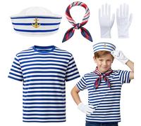 Fictoria Sailor Hat Scarf Costume Kids - Blue White Striped Shirt Outfit with Gloves Accessories, Ideal for Cosplay and Nautical Theme Party (S)