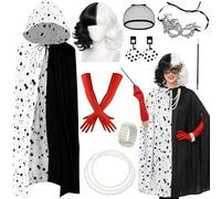 Fictoria Spotted Cape Costume Fancy Dress Women Dalmatian Print Set | Spotted Cape Wig and Eye Mask, World Book Day Cosplay Masquerade Party for Women Adults Black White Kit