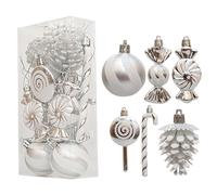 Fictory 13-Piece Silver Christmas Ornament Set with Candy Canes, Pine Cones, and Painted Balls for Holiday Tree Decor