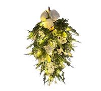 Fictory 50CM Artificial White Rose Hanging Basket with LED Lights, Upside Down Floral Tree for Indoor Outdoor Wall Door Decor, Spring Summer Home Decoration