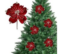 Fictory 6-Pack Red Magnolia Artificial Flowers, 22cm Glitter Frost Fabric Christmas Decorations for Holiday Tree and Table Centerpiece