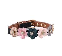 Fictory Adjustable Dog & Cat Collar with Diamante Flower, Soft PU Leather for Small to Medium Pets, 29-38cm Neck, Black Colour
