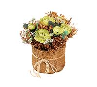 Fictory Artificial Tea Rose Arrangement with Burlap Pot, Three-Tone Faux Roses, Green Tea Rose Centerpiece for Home Table Wedding Office Decor