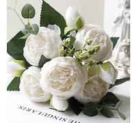 Fictory Artificial Tulip Flowers Bouquet, 5 Stems Realistic Fake Tulips, 30cm Long White PU Roses for Wedding Home Decor, Photography Centerpiece