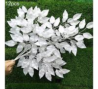 Fictory Artificial White Ficus Leaves 60cm, Silk Flower Plastic Branches for Home Office Decor, Realistic Fake Plants for Wedding Stage Park Store Decoration, 12 Pack