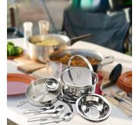Fictory Camping Cookware Mess Kit for 4 Persons, Stainless Steel Cooking Set with Pot, Pan, Bowls, Folding Sporks, Ideal for Family Camping, Hiking, Picnic, Durable Outdoor Cooking Equipment