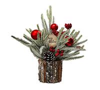 Fictory Desktop Artificial Christmas Tree with Bark Base, Snow Flocked, Red Berries, and Pine Cones for Home Office Desk Holiday Decoration (37cm)