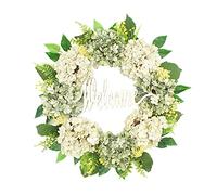 Fictory Green and White Artificial Hydrangea Wreath with Welcome Sign, Vintage Floral Door Hanger for Indoor Outdoor Home Decor, 50cm Wall Hanging Decoration