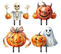 Fictory Halloween Garden Stakes 4-Pack PVC Outdoor Decorations with Spooky Hand Pumpkin Bear Rose Designs for Yard Lawn Party