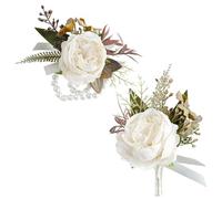 Fictory Ivory Peony Wrist Corsage & Boutonniere Set for Weddings, Proms, Parties - Elegant Floral Accessories for Brides, Grooms, Bridesmaids, Groomsmen - Affordable Wedding Essentials