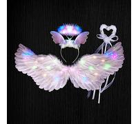 Fictory LED Angel Wings with White Feathers, 3 Lighting Modes, Adjustable Straps for Halloween Cosplay Costume Christmas Pageant Photo Prop Medium Size 80x40cm