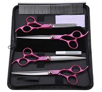 Fictory Professional Dog Grooming Scissors Set, 4 Pcs Stainless Steel Pet Shears Kit with Curved & Thinning Trimmers, for Long Hair Dogs & Cats, 7 Inch Rose Red with Case