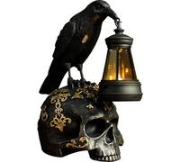 Fictory Solar Powered Raven Figurine with Skull, Vintage Halloween Tabletop Decor, Gothic Resin Statue for Indoor and Outdoor Display