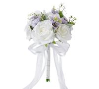 Fictory Violet White Rose Wedding Bouquet, French Style Silk Flower Bridal Bouquet, Real Touch Artificial Flowers for Bridal Shower, Anniversary, Home Decor
