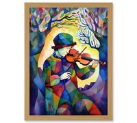 Fiddle Player In Forest Folk Art Watercolour Painting Artwork Framed Wall Art Print A4 Artery8 Light Oak One Size