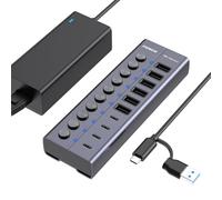 FIDECO 60W Powered USB Hub for Laptop and PC, 10-Port 10Gbps USB Splitter with 12V 5A Power Adapter, Aluminum USB 3.2 Gen 2 Multiport Adapter, 6 USB-A Ports and 4 USB-C Ports, Support BC1.2 Charging