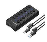 FIDECO Powered USB 3.0 Hub, 7-Port Aluminum USB Hub with Independent On/Off Switch, USB Extension Hub and Splitter with USB C to C Cable, USB A to C Cable, and 12V 2A Power Adapter
