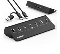 FIDECO Powered USB Hub, 7 Port 10Gbps Fast Data Hub for iPhone 16/15 and Laptop, Full Aluminum USB Splitter with 5V 3A Power Adapter, 4 USB A and 3 USB C Ports, Support BC1.2 Charging